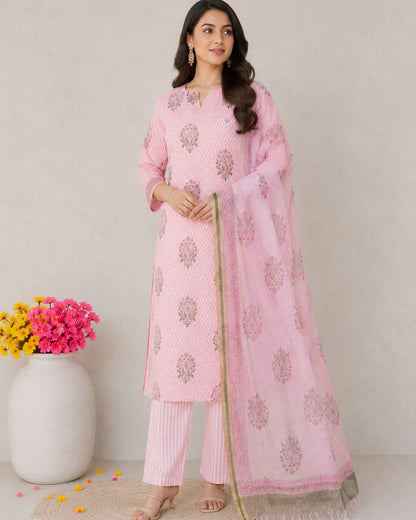 Bagru Hand Block Printed Cotton Suit With Kota Doria Dupatta