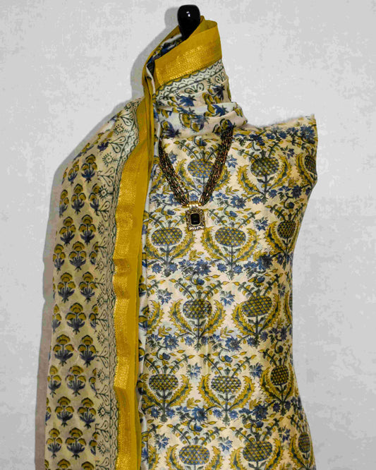 Temple Gold Bagru Floral Jaal Printed Maheshwari Silk Suit Set