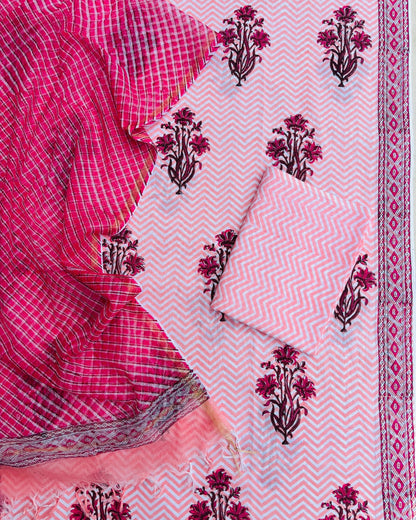 Pink Floral Hand Block Printed Cotton Suit with Kota Doria Lehriya Dupatta