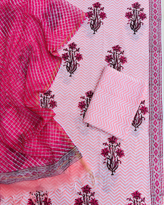 Pink Floral Hand Block Printed Cotton Suit with Kota Doria Lehriya Dupatta