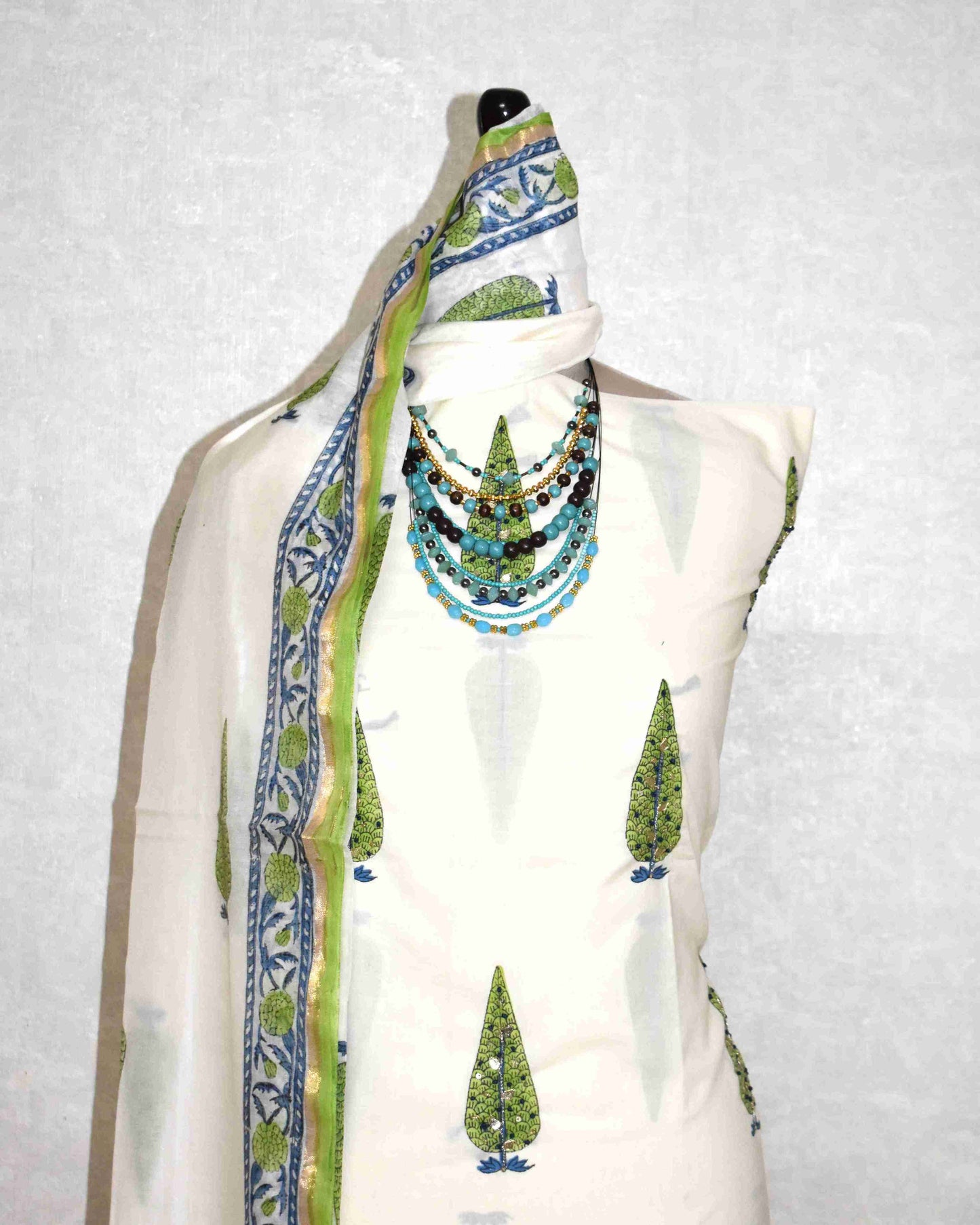 Hand Embroidered and Hand Block Printed Premium Cotton Unstitched Suit with Chanderi Silk Dupatta - Designer Edit