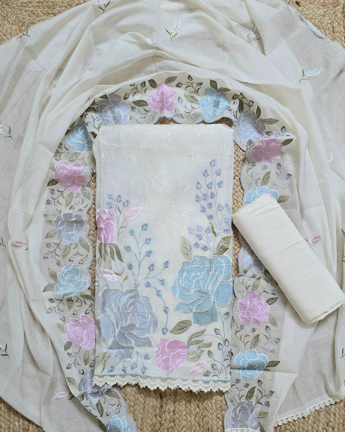 Ivory Bloom Embroidered Mal Chanderi Suit Set with Scalloped Dupatta