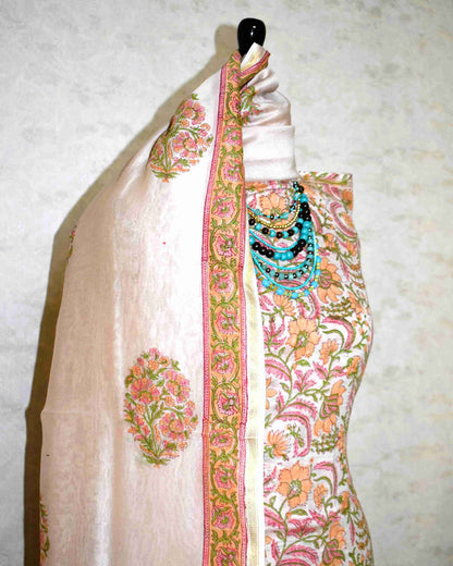 Hand Block Printed Chanderi Silk Suit with Santoon Bottom and Chanderi Silk Dupatta