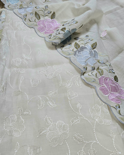 Ivory Bloom Embroidered Mal Chanderi Suit Set with Scalloped Dupatta