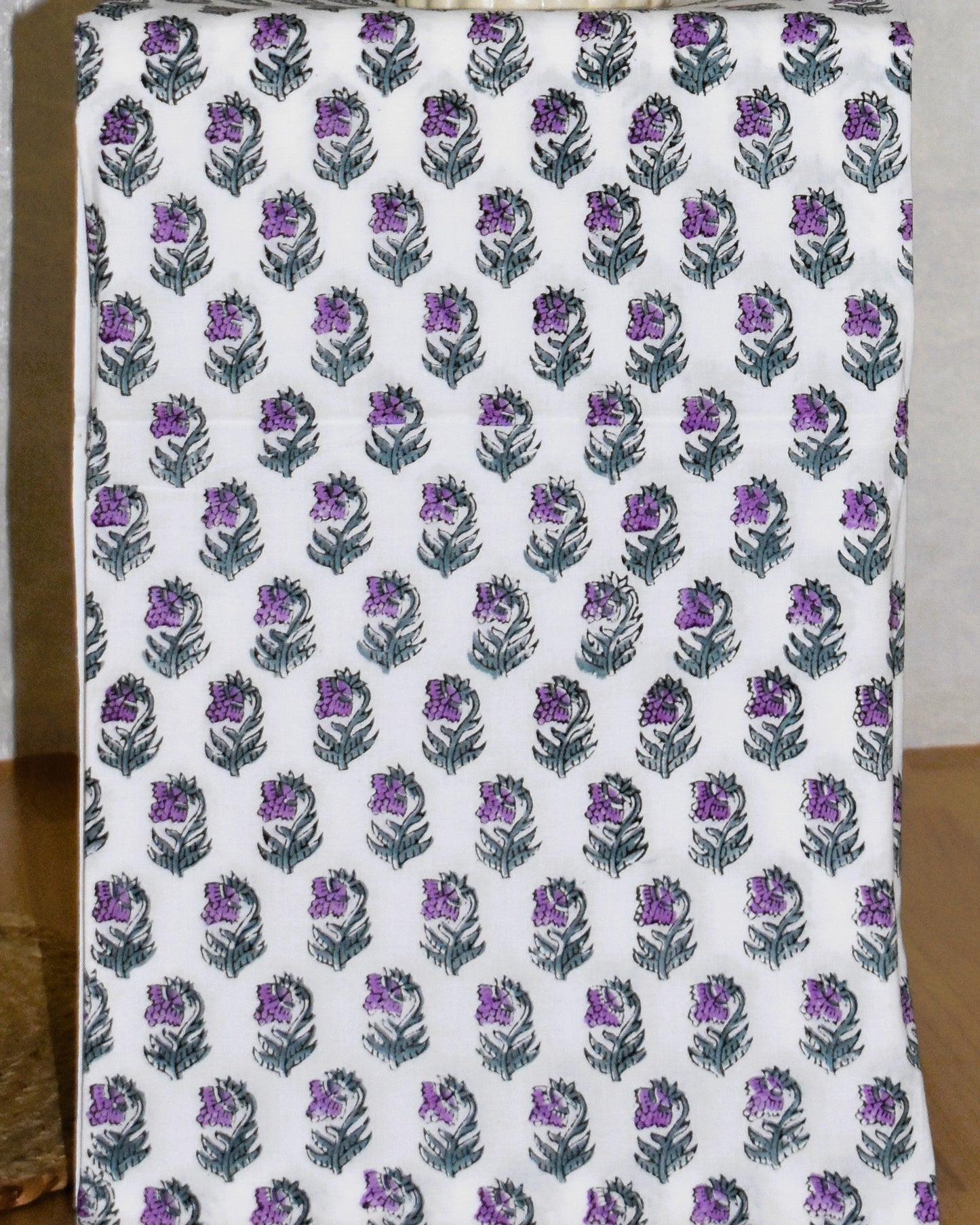 All-over Botanical Jaal in Mint Green with Lilac Flowers Hand Block Printed Cotton Suit with Malmal Dupatta