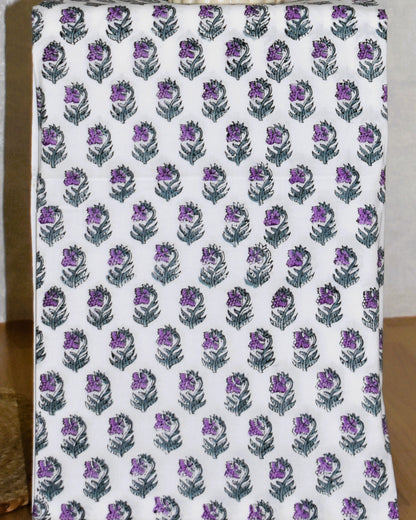 All-over Botanical Jaal in Mint Green with Lilac Flowers Hand Block Printed Cotton Suit with Malmal Dupatta