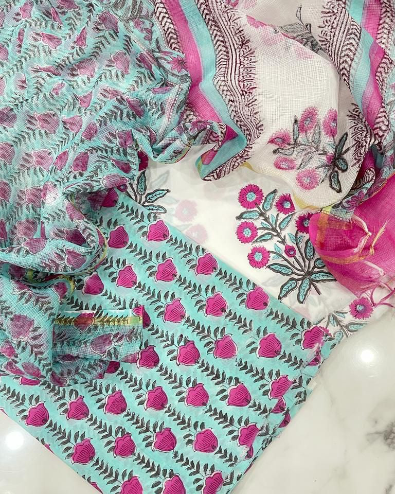 Hand Block Printed Premium Cotton Sky Blue with Pink Floral veils & Chanderi Silk Dupatta - Curated Edit