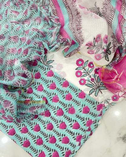 Hand Block Printed Premium Cotton Sky Blue with Pink Floral veils & Chanderi Silk Dupatta - Curated Edit