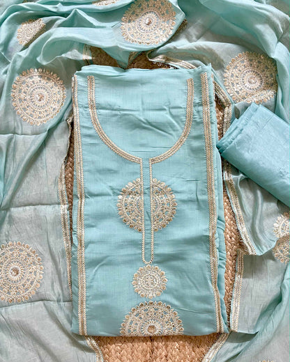 Designer Mal Chanderi Embroidered 3-Piece Suit Set (Powder Blue)