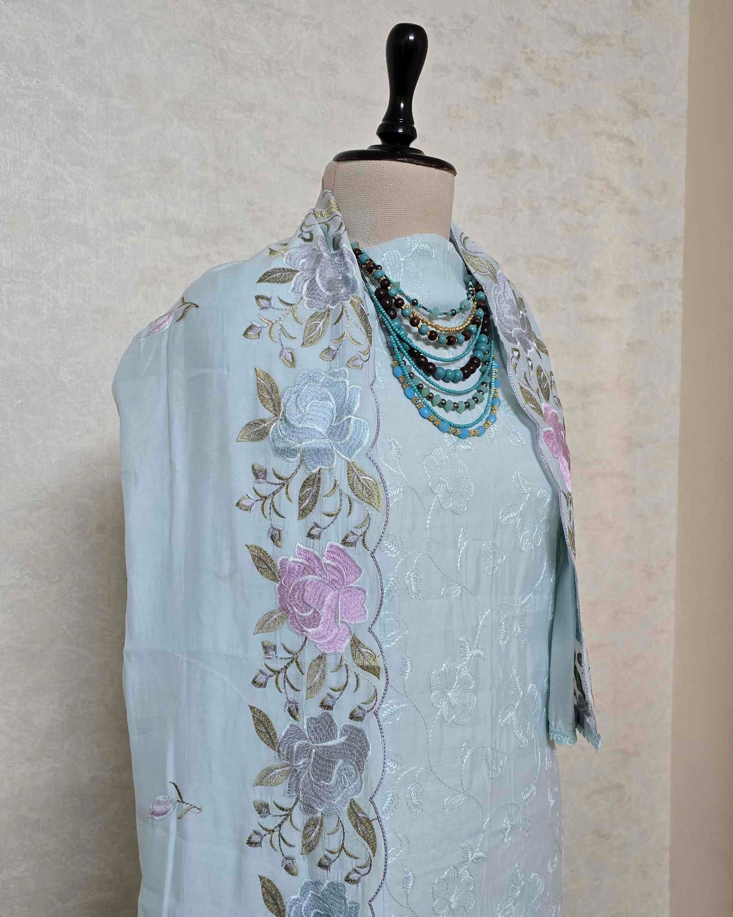 Powder Blue Bloom Embroidered Mal Chanderi Suit Set with Scalloped Dupatta