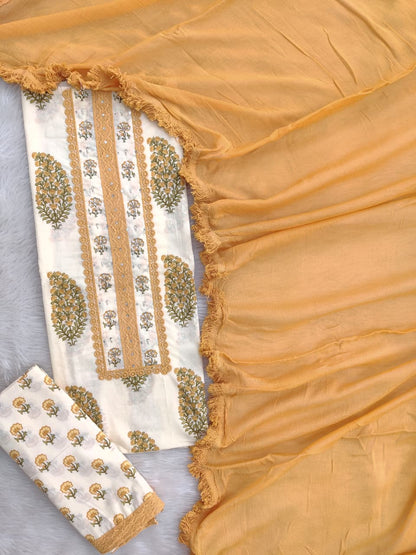 Yellow Paisley Hand Block Printed Cotton Suit with Neckwork and Pure Chiffon Dupatta