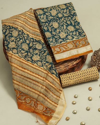 Mud-toned Sanganeri Floral print on Blue-Green Maheshwari Silk Suit Set