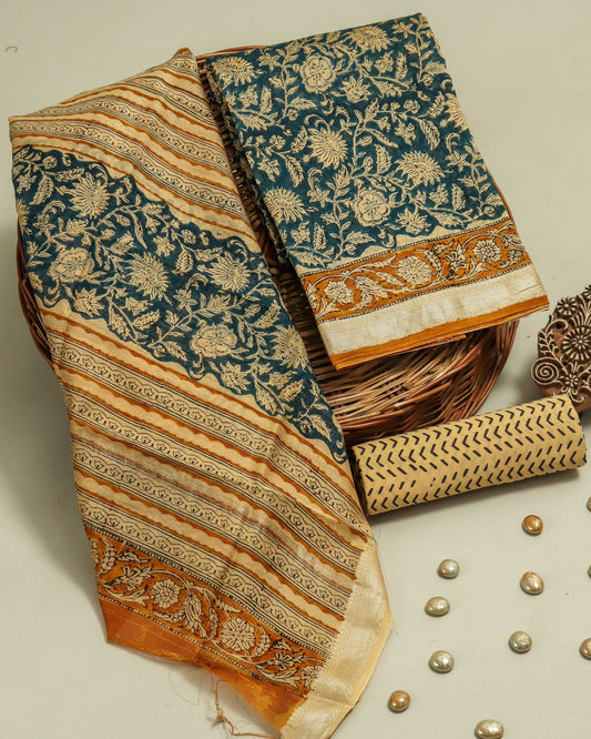 Mud-toned Sanganeri Floral print on Blue-Green Maheshwari Silk Suit Set