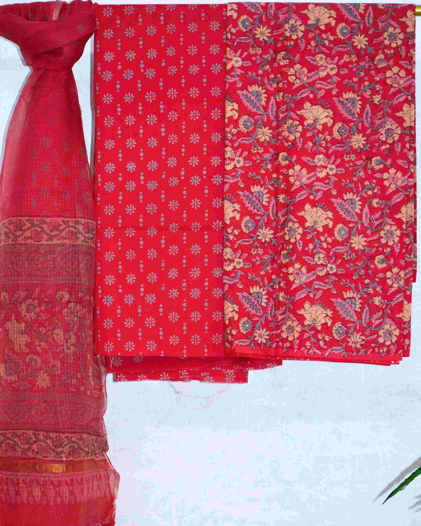 Red All-over Floral Hand Block Printed Cotton Suit With Kota Doria Dupatta