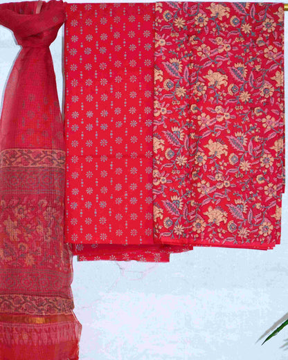 Red All-over Floral Hand Block Printed Cotton Suit With Kota Doria Dupatta