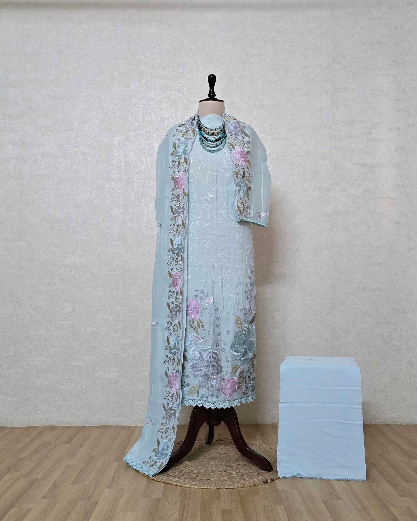 Powder Blue Bloom Embroidered Mal Chanderi Suit Set with Scalloped Dupatta