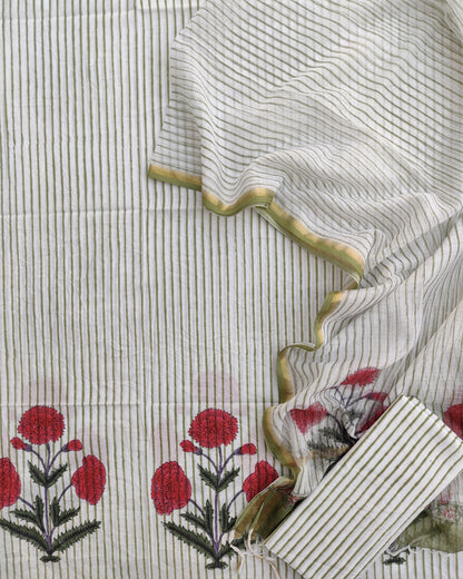Hand Block Printed Premium Cotton Unstitched Suit with Red Floral Buta & Kota Doria Dupatta - Curated Edit