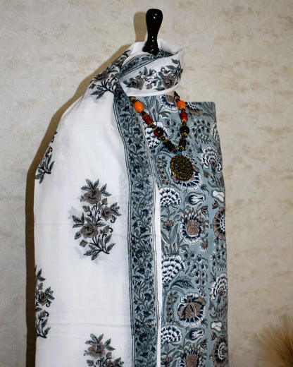 All-over Botanical in Blue Grey Hand Block Printed Cotton Suit with Malmal Dupatta
