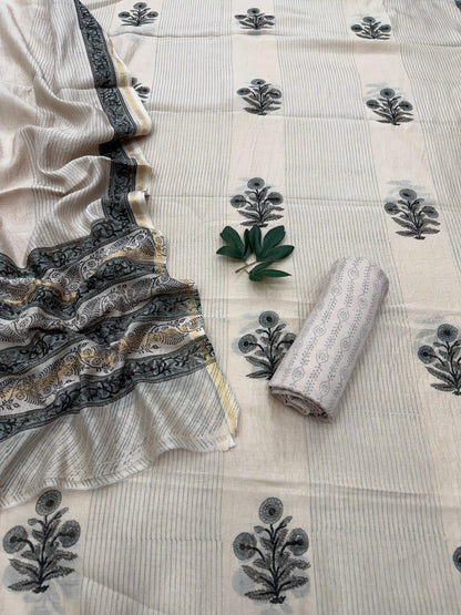Hand Block Printed Chanderi Silk Suit with Santoon Bottom and Chanderi Silk Dupatta