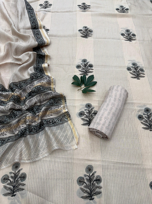 Hand Block Printed Chanderi Silk Suit with Santoon Bottom and Chanderi Silk Dupatta