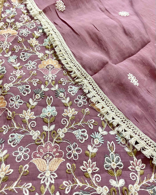 Floral Embroidered Mal Chanderi Unstitched Suit Set with Lace Detailing (Mauve)