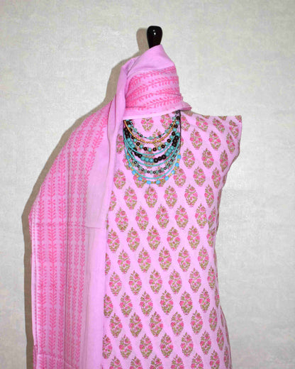 Sanganeri Hand Block Printed Unstitched Cotton Suit Set with malmal dupatta