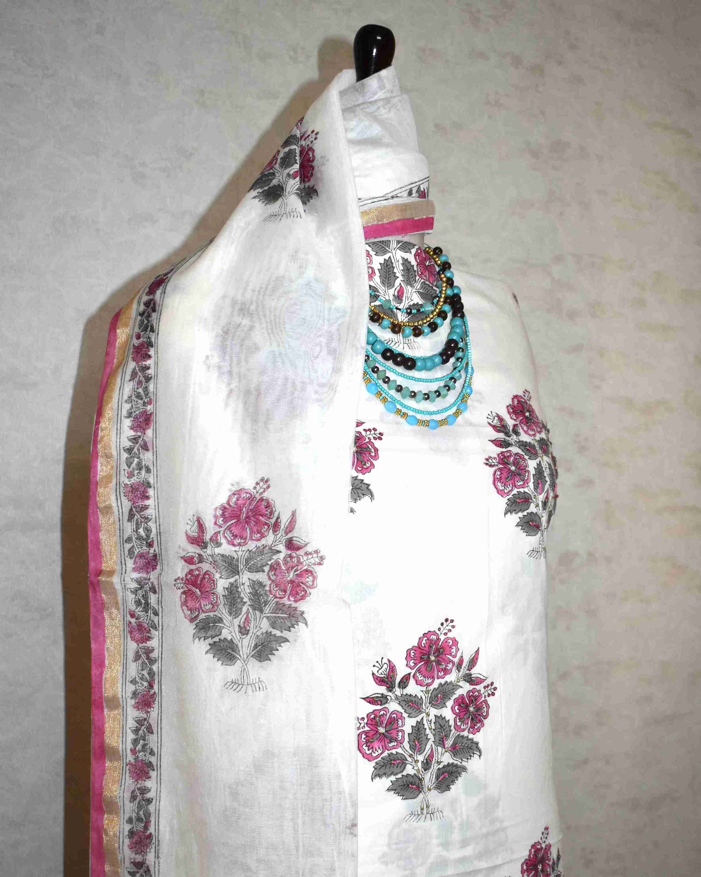 Hand Embroidered and Hand Block Printed Premium Cotton Unstitched Suit with Chanderi Silk Dupatta - Designer Edit
