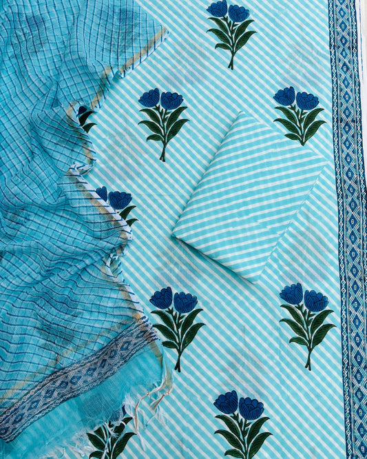 Aqua Blue Floral Hand Block Printed Cotton Suit with Kota Doria Lehriya Dupatta