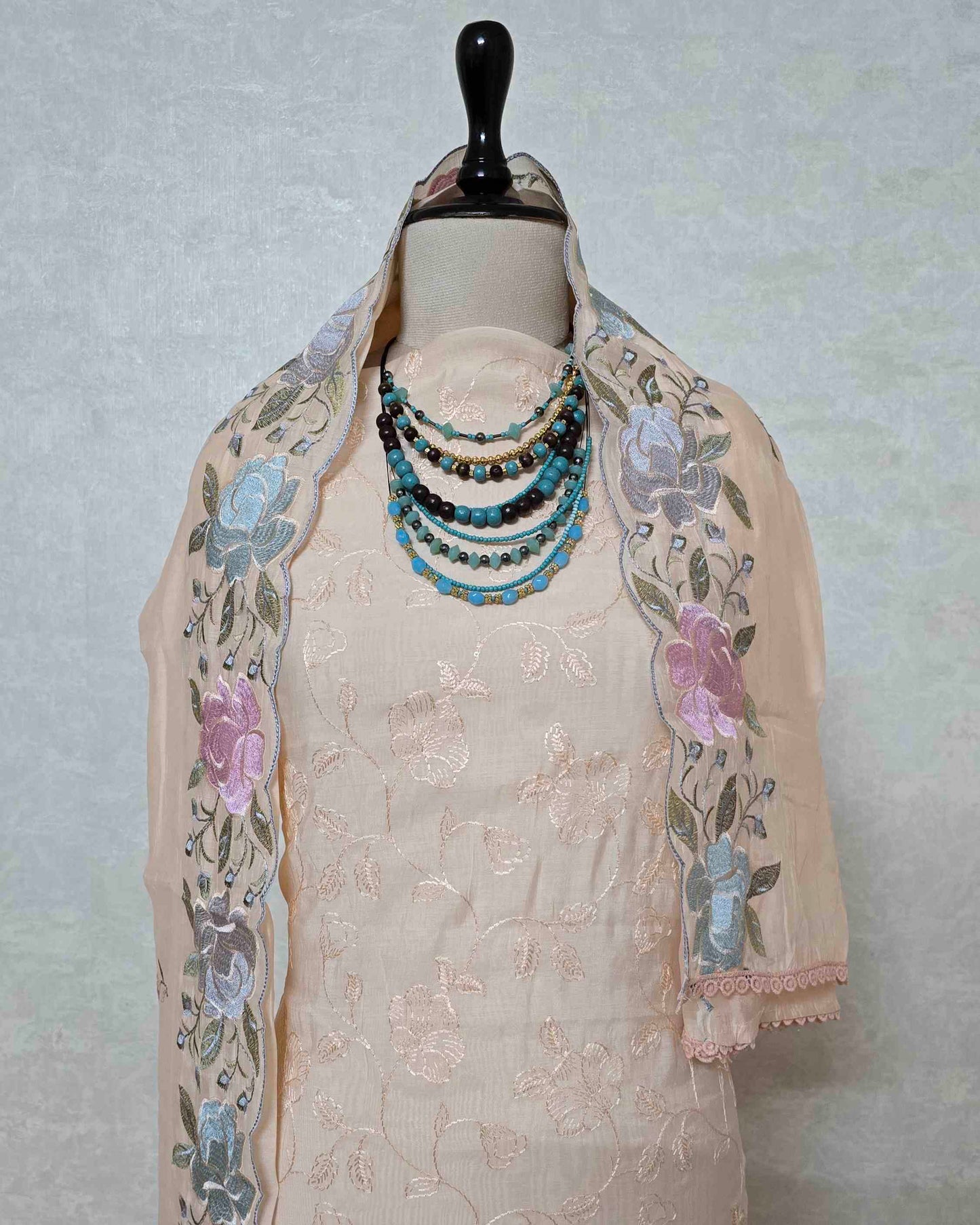 Peach Bloom Embroidered Mal Chanderi Suit Set with Scalloped Dupatta