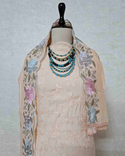 Peach Bloom Embroidered Mal Chanderi Suit Set with Scalloped Dupatta