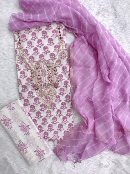 Hand Block Printed Cotton Suit with Gota Patti Hand Embroidery and Kota Doria Leheriya Dupatta