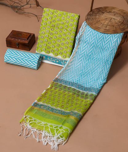 Hand Block Printed Cotton Suit With Kota Doria Dupatta