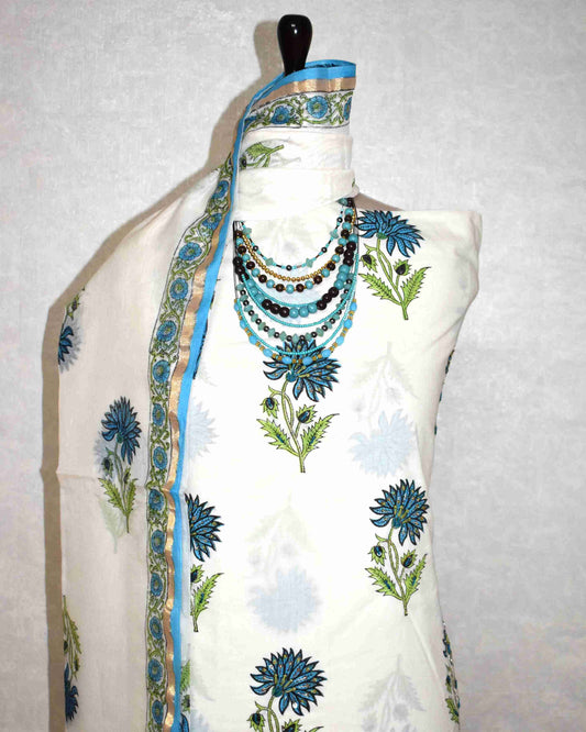Hand Embroidered and Hand Block Printed Premium Cotton Unstitched Suit with Chanderi Silk Dupatta - Designer Edit