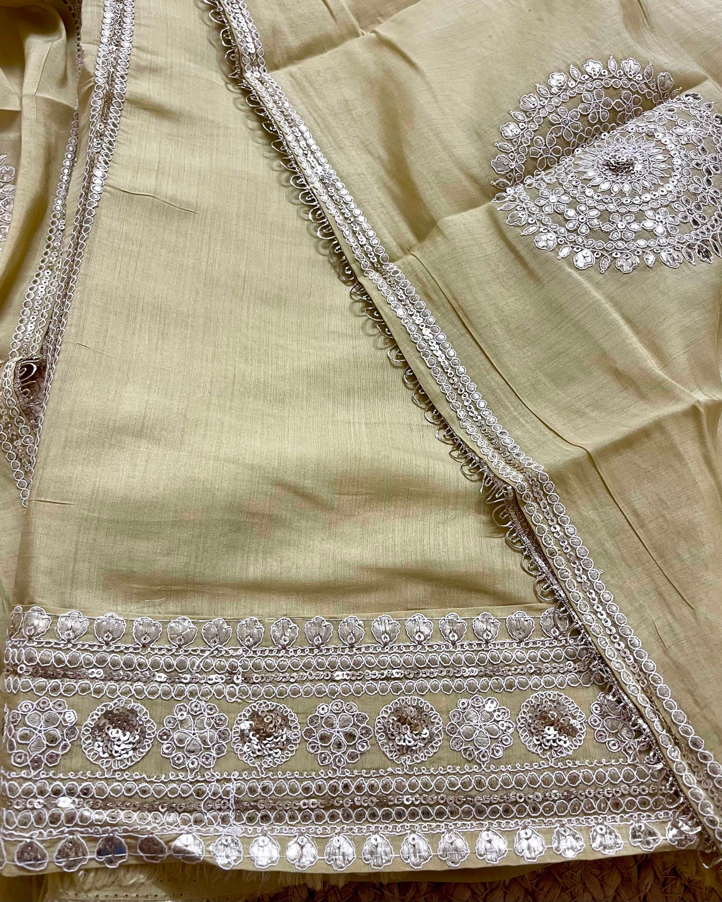 Designer Mal Chanderi Embroidered 3-Piece Suit Set (Mehndi Green)