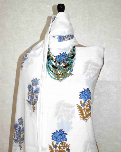 Sanganeri Hand Block Printed Unstitched Cotton Suit Set with malmal dupatta