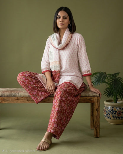 Red All-over Floral Hand Block Printed Cotton Suit with Malmal Dupatta
