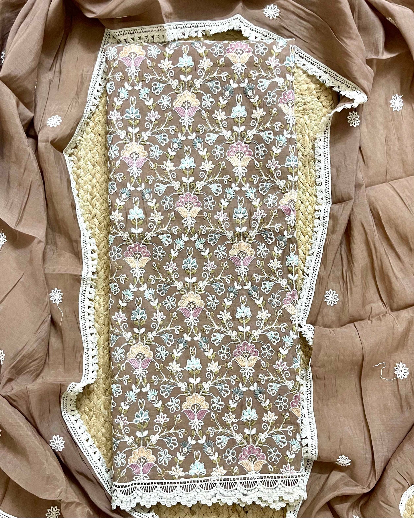 Floral Embroidered Mal Chanderi Unstitched Suit Set with Lace Detailing Coffee