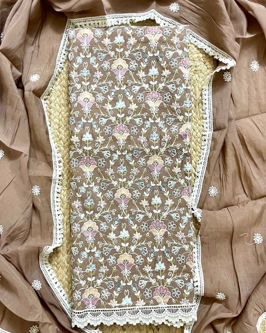 Floral Embroidered Mal Chanderi Unstitched Suit Set with Lace Detailing Coffee