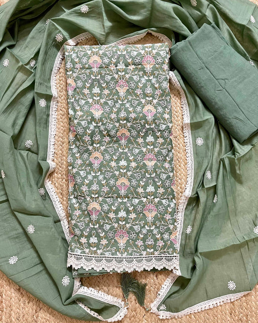 Floral Embroidered Mal Chanderi Unstitched Suit Set with Lace Detailing (Mehndi Green)