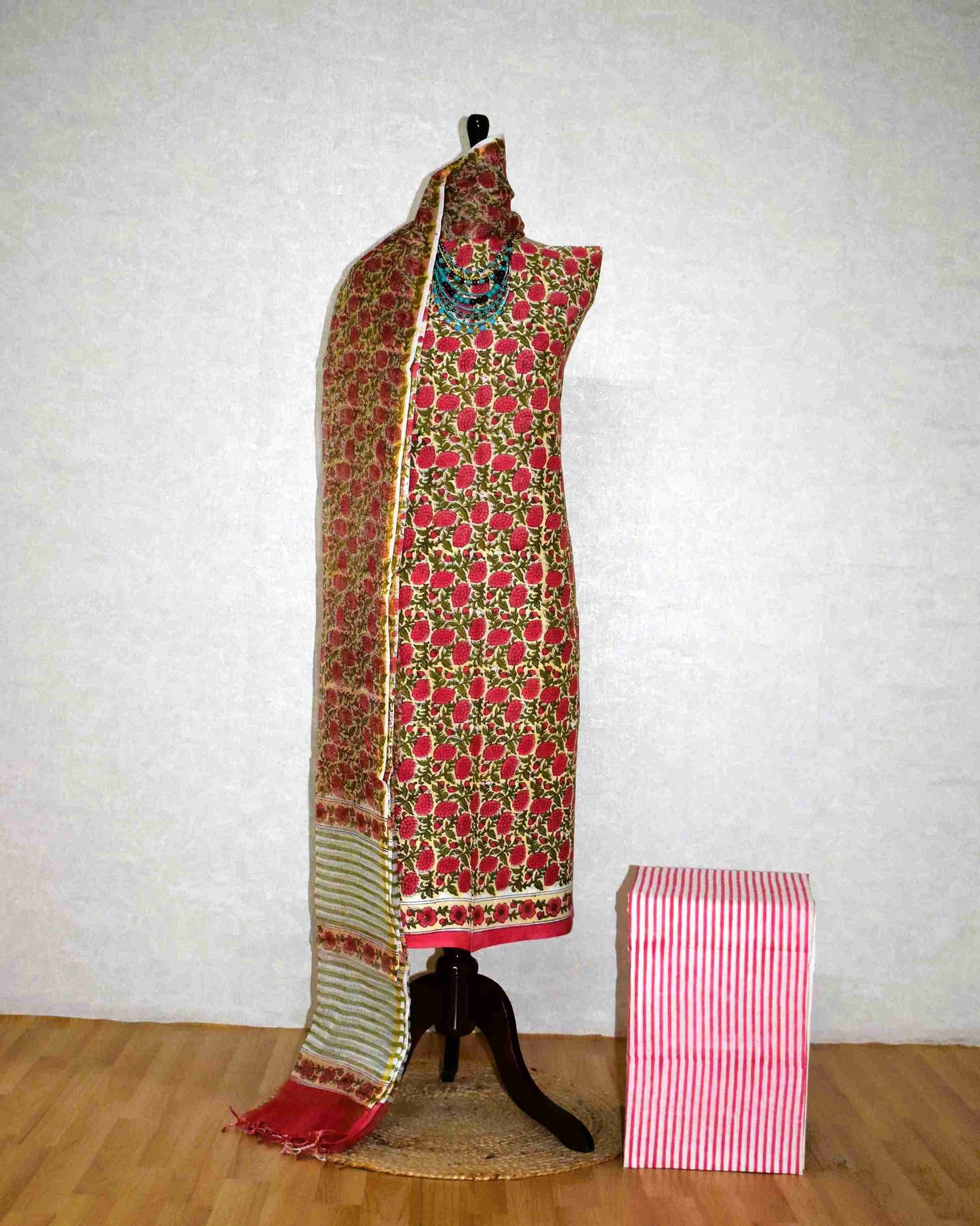 Hand Block Printed Premium Cotton Suit Set with Kota Doria Dupatta - Curated Edit
