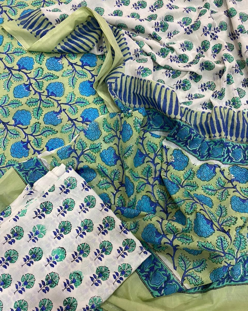 Hand Block Printed Premium Cotton Unstitched Suit with Blue Floral veils & Chanderi Silk Dupatta - Curated Edit