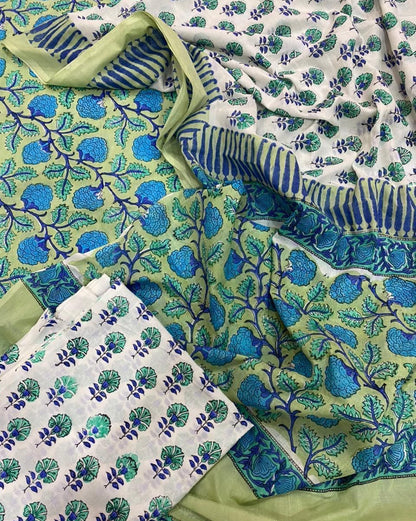 Hand Block Printed Premium Cotton Unstitched Suit with Blue Floral veils & Chanderi Silk Dupatta - Curated Edit