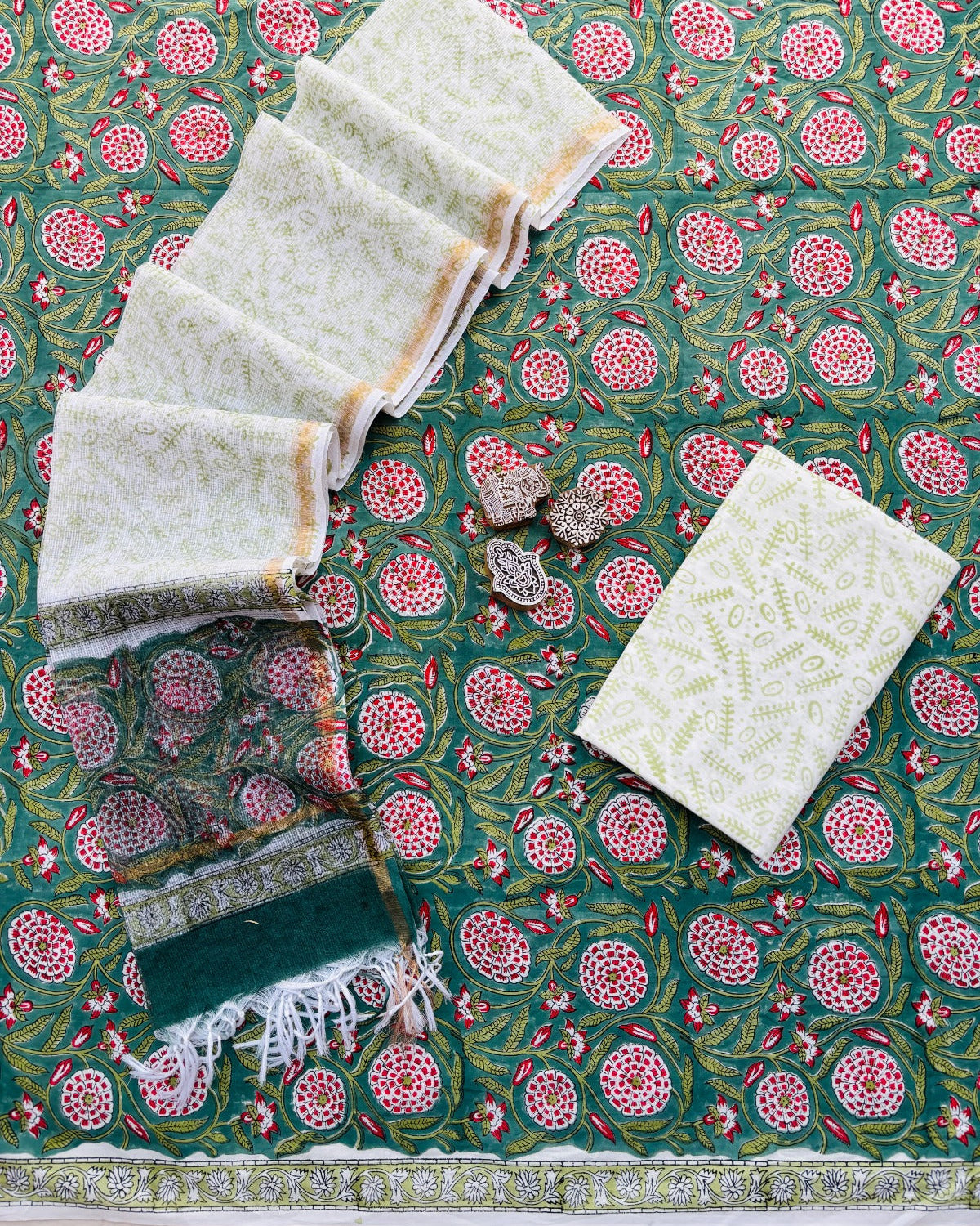 All over Floral Jaal Hand Block Printed Cotton Suit With Kota Doria Dupatta