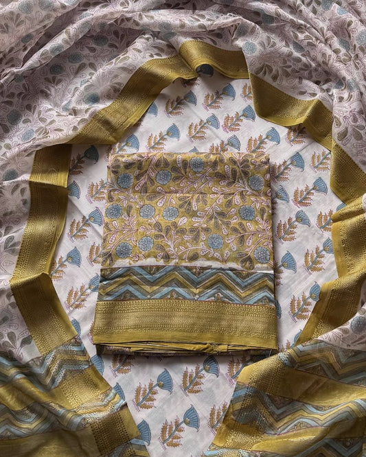 Sanganeri printed Maheshwari Silk Suit Set