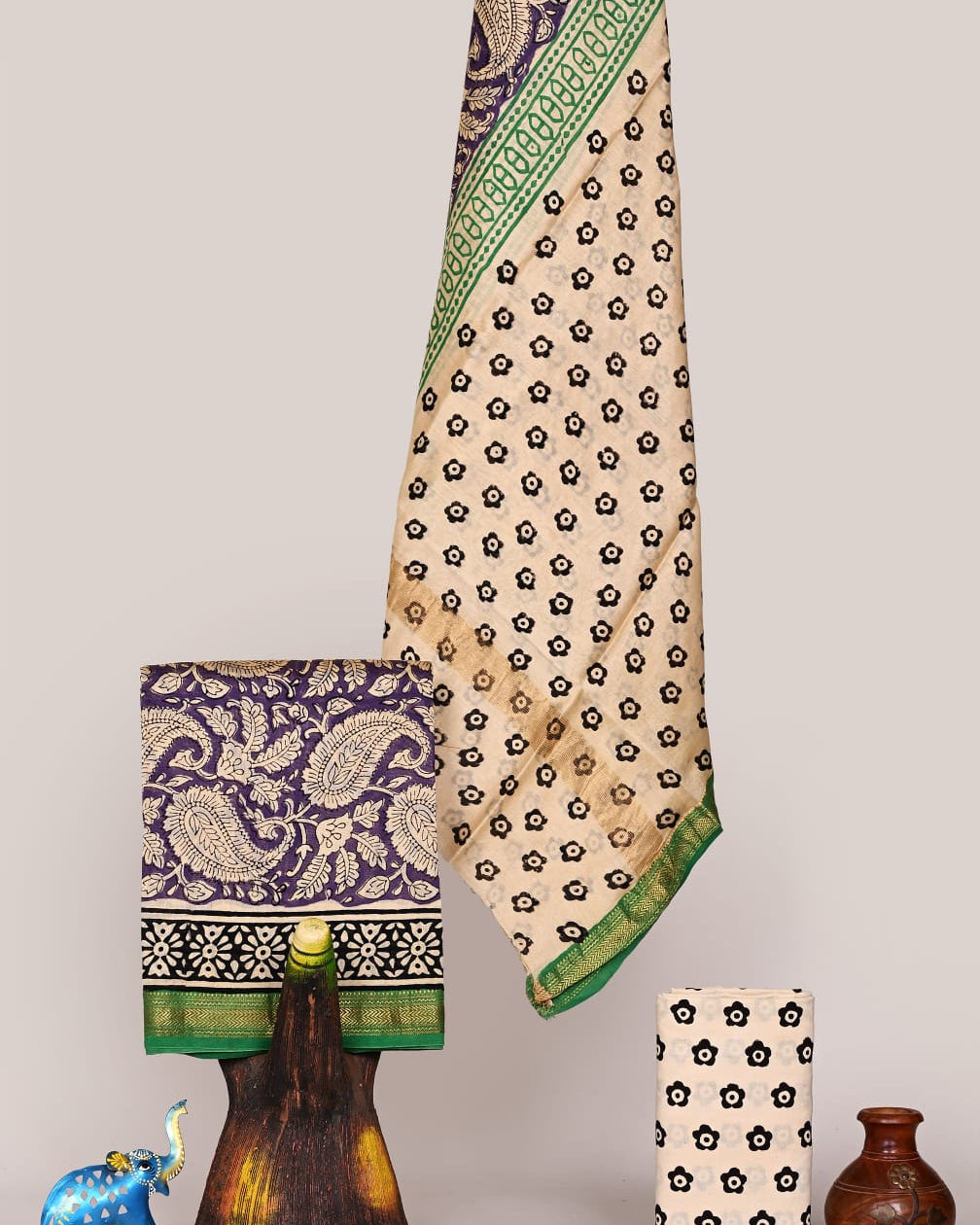 All-over Floral Jaal Hand Block Printed Maheshwari Silk Suit Set