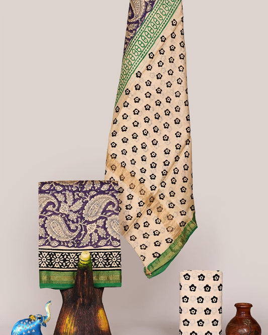 All-over Floral Jaal Hand Block Printed Maheshwari Silk Suit Set
