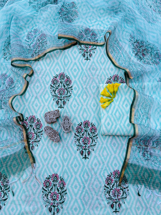Bagru Hand Block Printed Cotton Suit With Kota Doria Dupatta