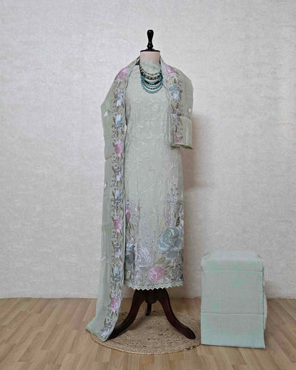 Sage Green Bloom Embroidered Mal Chanderi Suit Set with Scalloped Dupatta