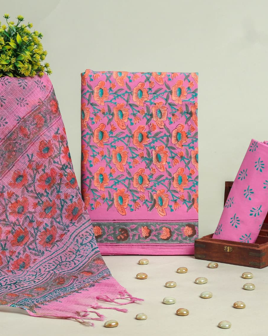 Pink Discharge Hand Block Printed Cotton Suit With Kota Doria Dupatta