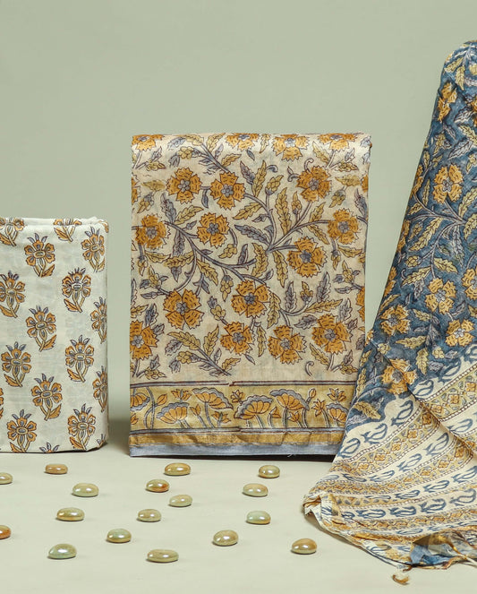 Timeless Chanderi Silk Suit with All-over floral Jaal Sanganeri Print